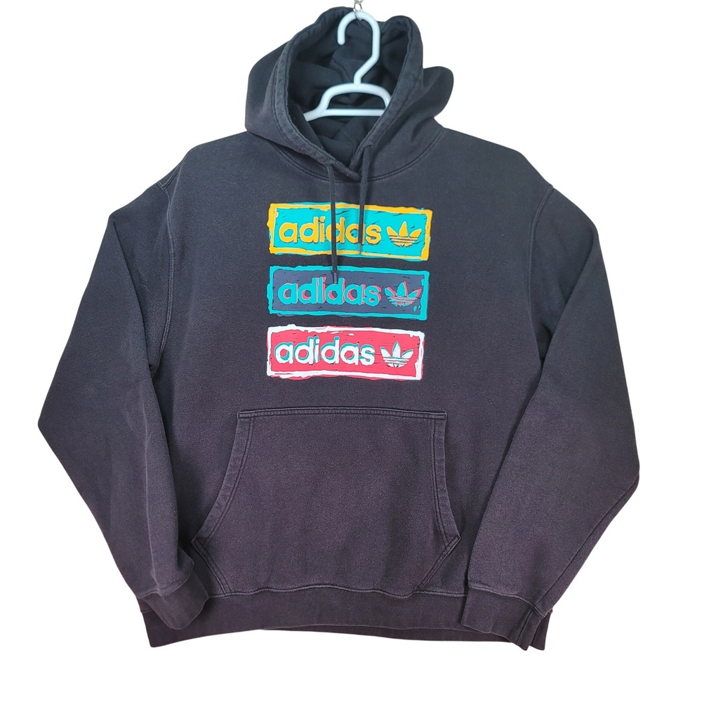 Adidas Hoodie Men 2XL Black Stacked Trefoil Graphic Fleece Pullover